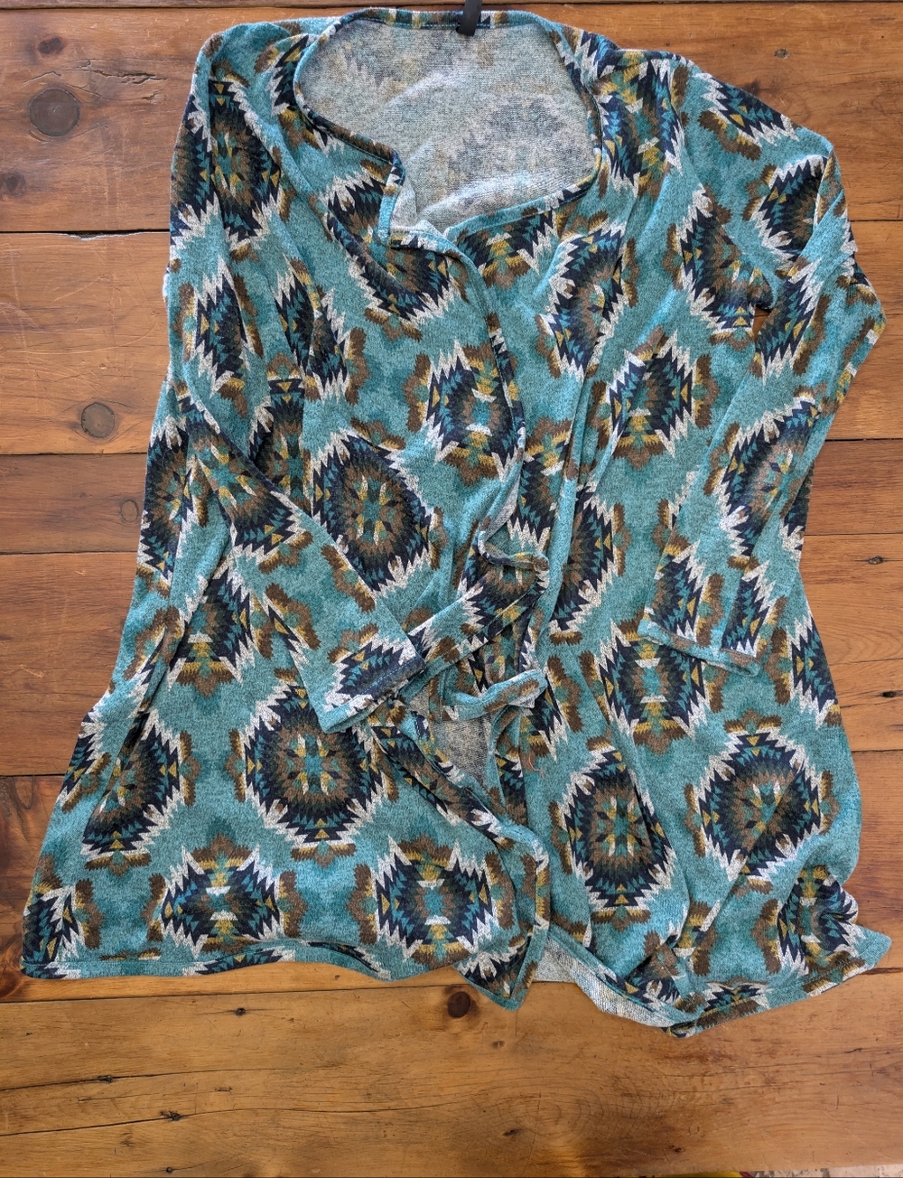 Turquoise Aztec-Print Open Cardigan - Women